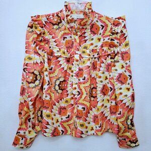 Pinch Women's Coral Floral Print Button Down Ruffle Spring Silky Top Size XS
